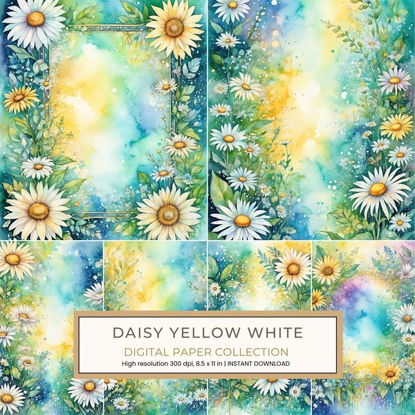 Daisy Yellow White Digital Paper: 14 Printable Pages - Watercolor Scrapbook Paper - Commercial Use