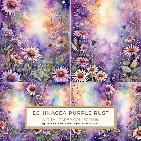 Echinacea Purple Rust Digital Paper: 14 Printable Pages - Watercolor Scrapbook Paper - Commercial Use