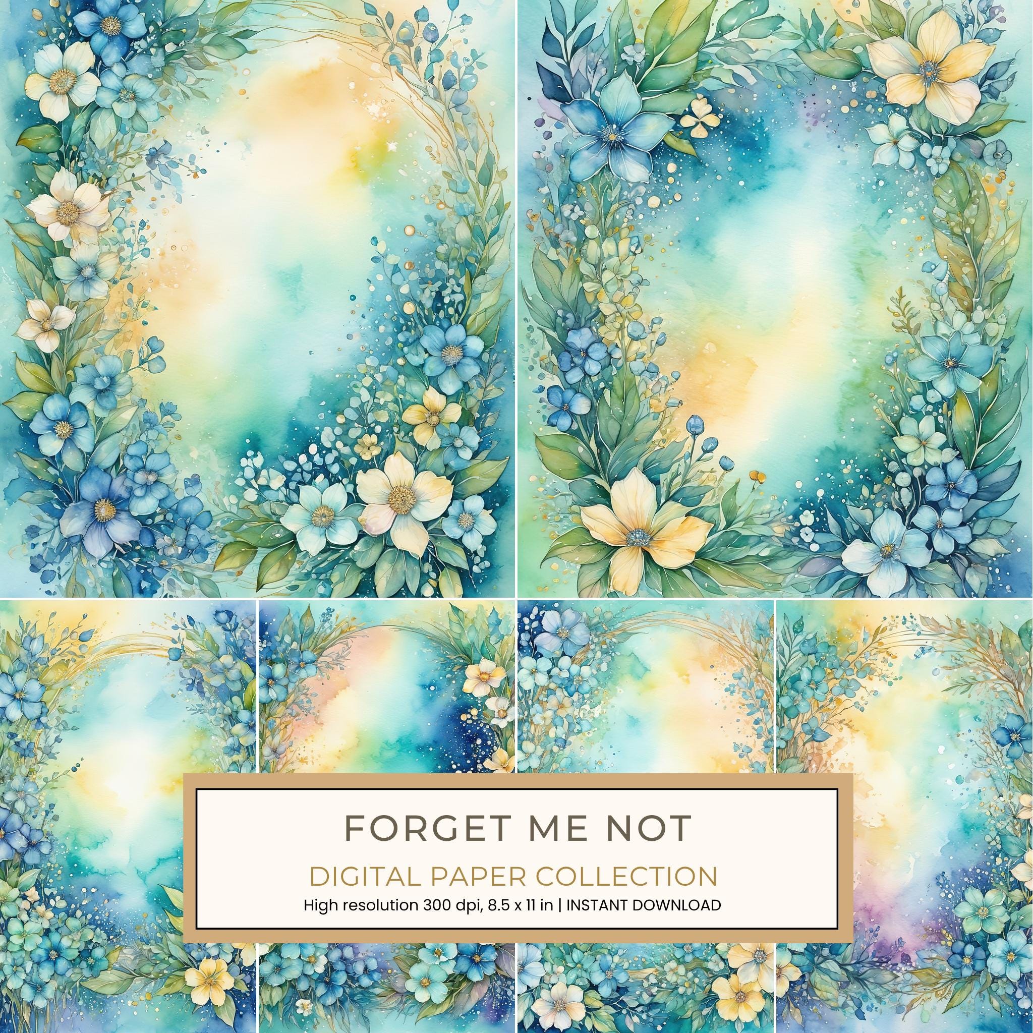 Forget Me Not Digital Paper: 13 Printable Pages - Watercolor Scrapbook Paper - Commercial Use