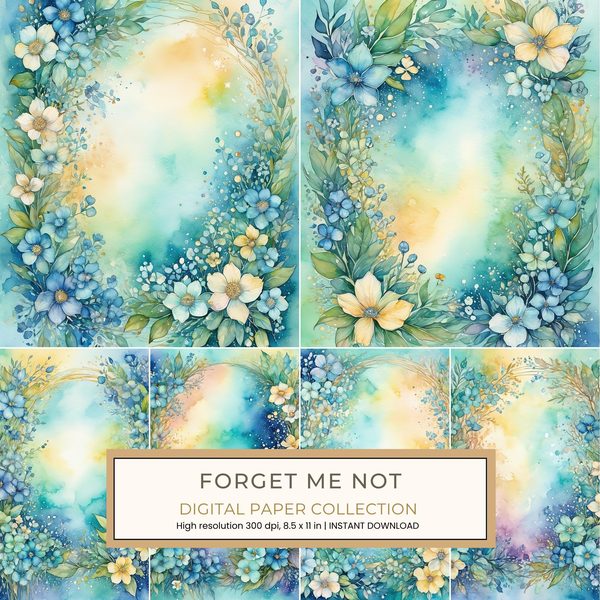Forget Me Not Digital Paper: 13 Printable Pages - Watercolor Scrapbook Paper - Commercial Use