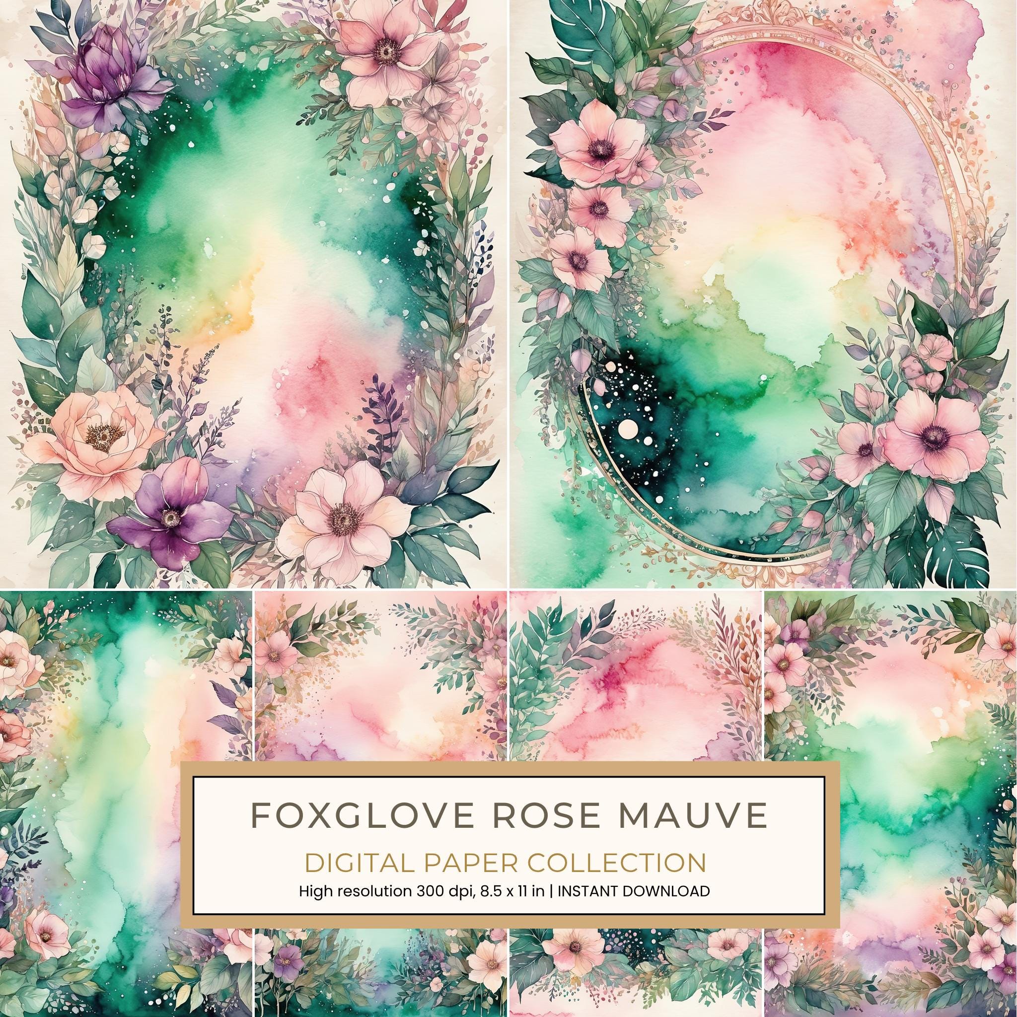 Foxglove Rose Mauve Digital Paper: 13 Printable Pages - Watercolor Scrapbook Paper - Commercial Use