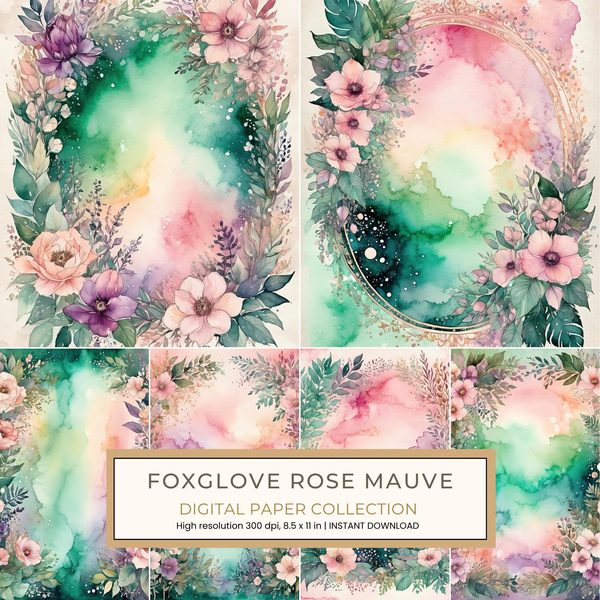 Foxglove Rose Mauve Digital Paper: 13 Printable Pages - Watercolor Scrapbook Paper - Commercial Use