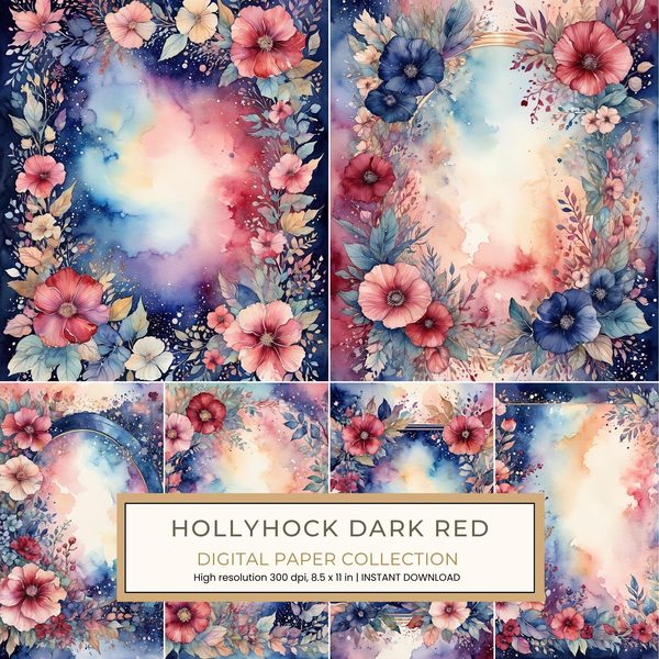 Hollyhock Dark Red Digital Paper: 14 Printable Pages - Watercolor Scrapbook Paper - Commercial Use