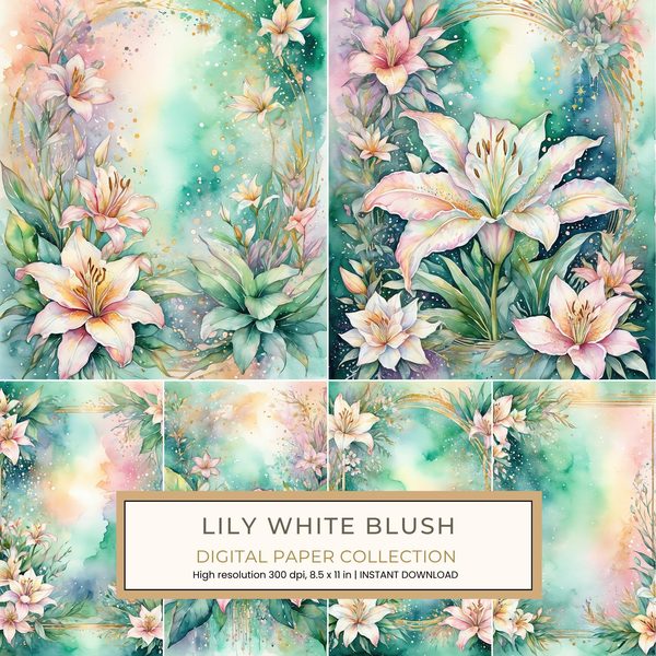 Lily White Blush Digital Paper: 14 Printable Pages - Watercolor Scrapbook Paper - Commercial Use
