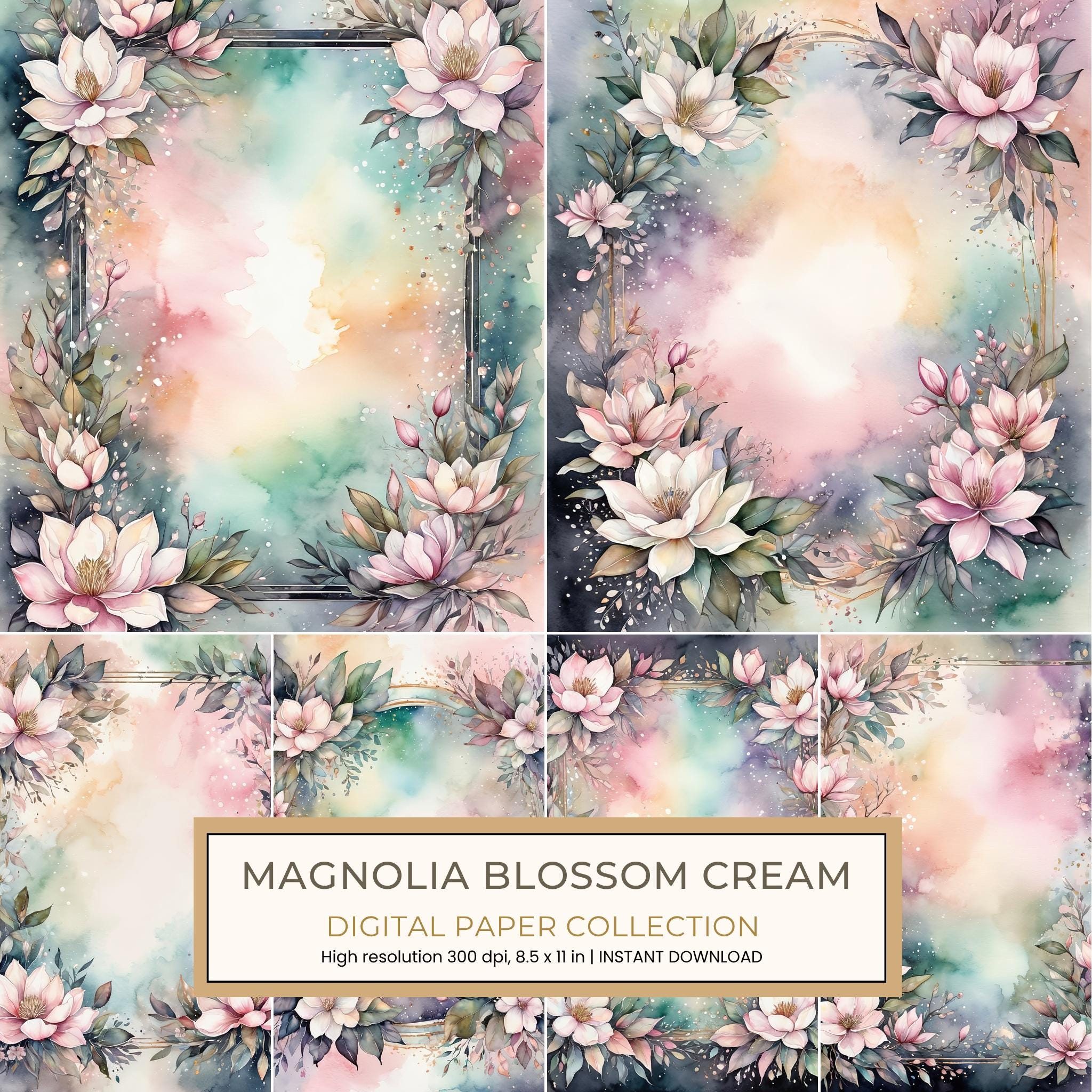 Magnolia Blossom Cream Digital Paper: 14 Printable Pages - Watercolor Scrapbook Paper - Commercial Use