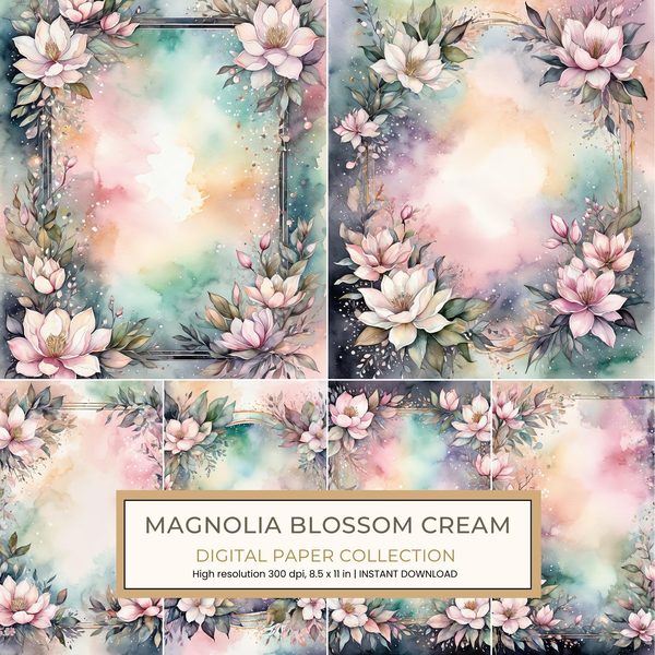 Magnolia Blossom Cream Digital Paper: 14 Printable Pages - Watercolor Scrapbook Paper - Commercial Use
