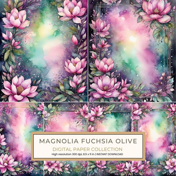 Magnolia Fuchsia Olive Digital Paper: 14 Printable Pages - Watercolor Scrapbook Paper - Commercial Use