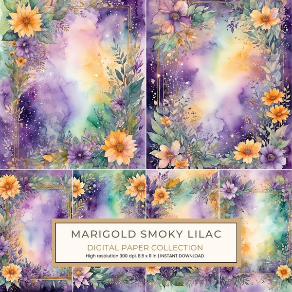 Marigold Smoky Lilac Digital Paper: 14 Printable Pages - Watercolor Scrapbook Paper - Commercial Use