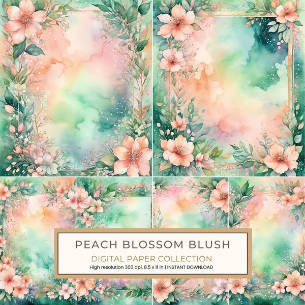 Peach Blossom Blush Digital Paper: 14 Printable Pages - Watercolor Scrapbook Paper - Commercial Use