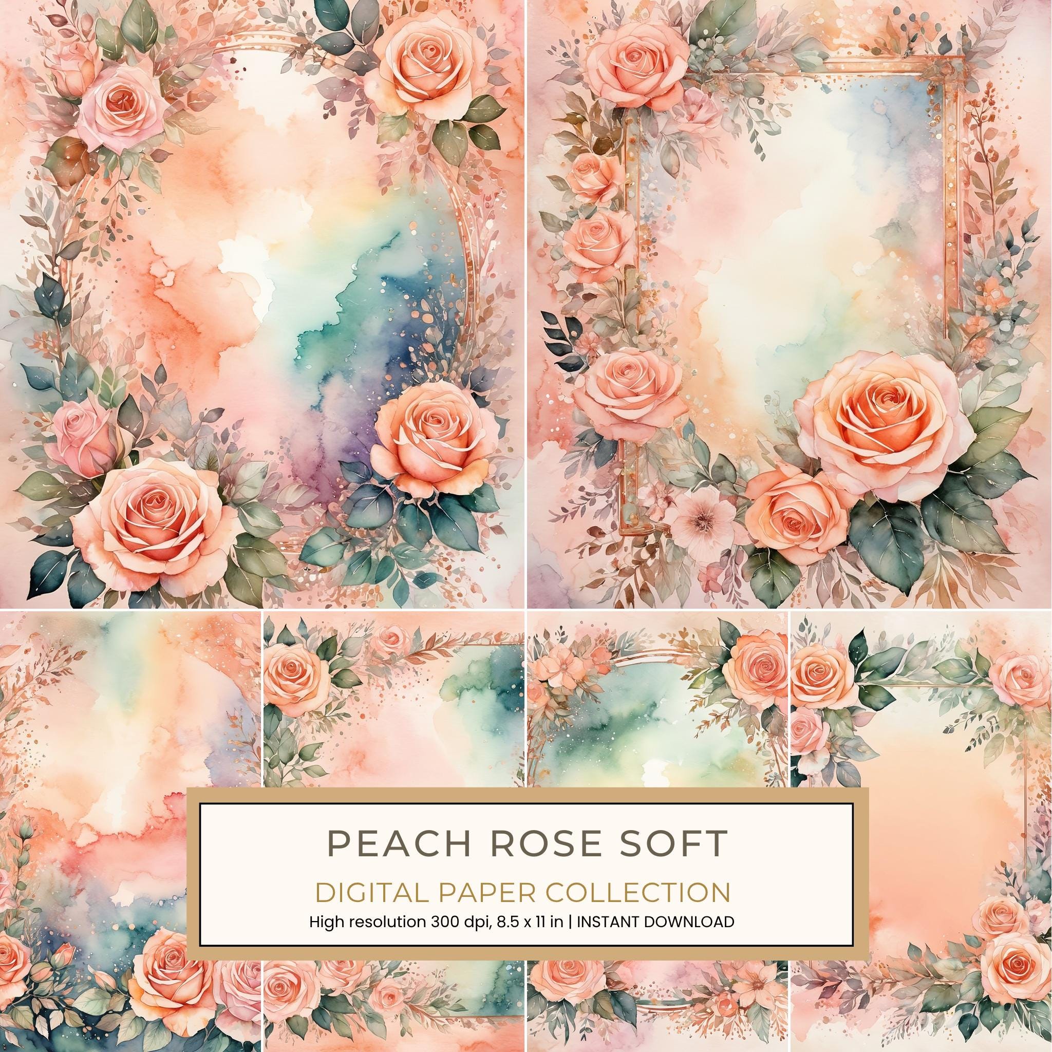 Peach Rose Soft Digital Paper: 13 Printable Pages - Watercolor Scrapbook Paper - Commercial Use