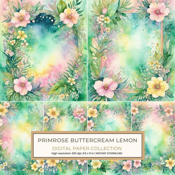 Primrose Buttercream Lemon Digital Paper: 14 Printable Pages - Watercolor Scrapbook Paper - Commercial Use