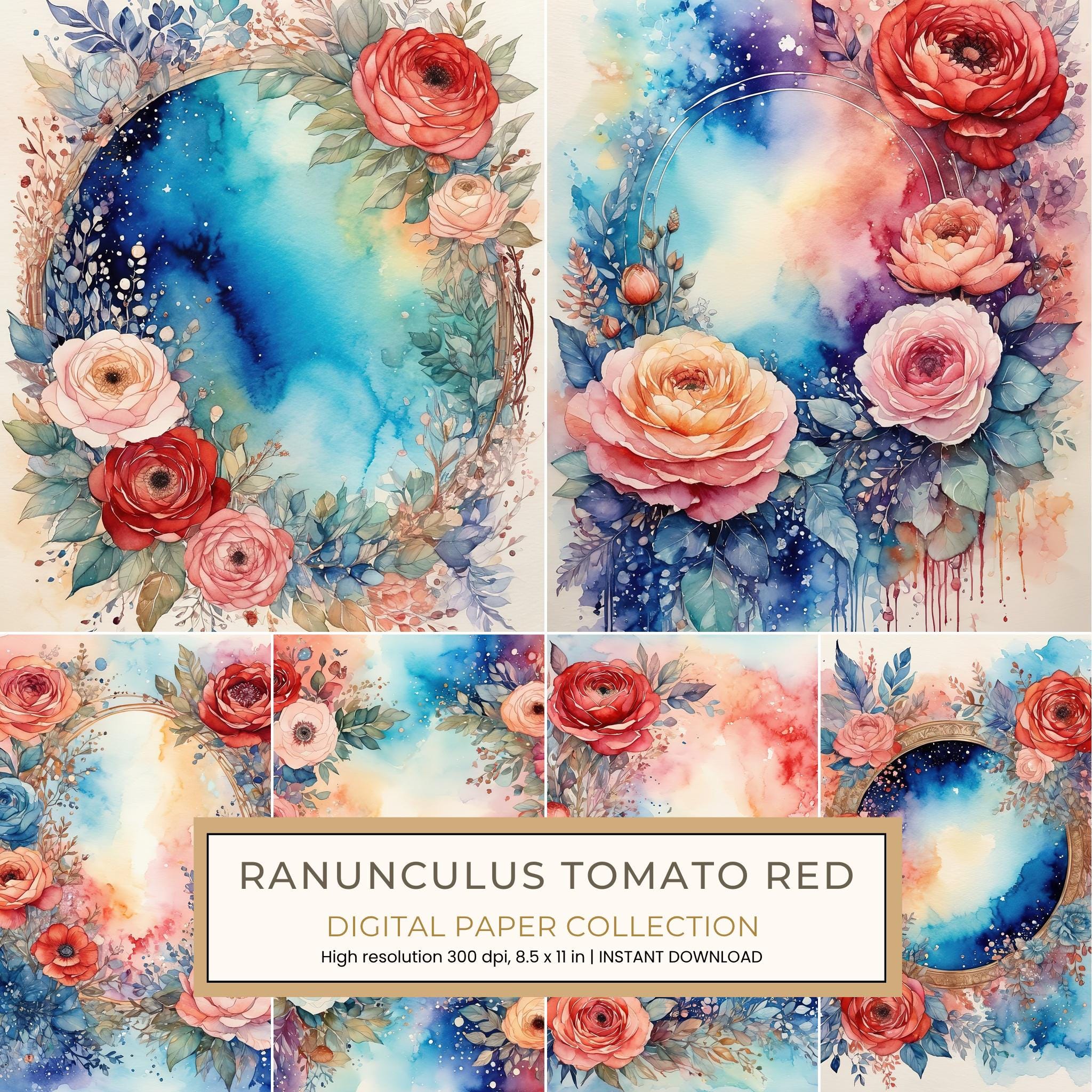 Ranunculus Tomato Red Digital Paper: 13 Printable Pages - Watercolor Scrapbook Paper - Commercial Use