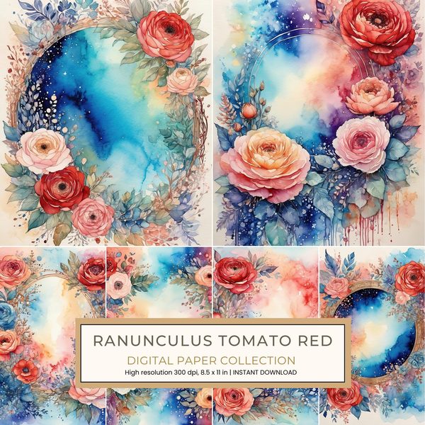Ranunculus Tomato Red Digital Paper: 13 Printable Pages - Watercolor Scrapbook Paper - Commercial Use