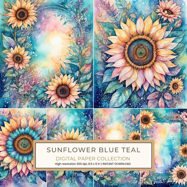 Sunflower Blue Teal Digital Paper: 14 Printable Pages - Watercolor Scrapbook Paper - Commercial Use