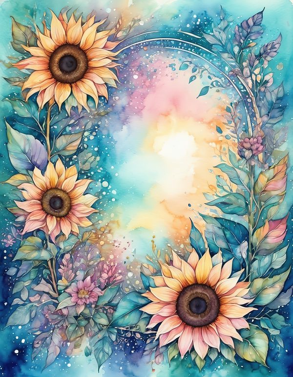 Sunflower Blue Teal Digital Paper: 14 Printable Pages - Watercolor Scrapbook Paper - Commercial Use — image 1