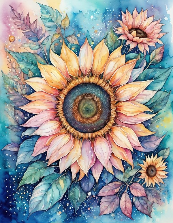 Sunflower Blue Teal Digital Paper: 14 Printable Pages - Watercolor Scrapbook Paper - Commercial Use — image 2