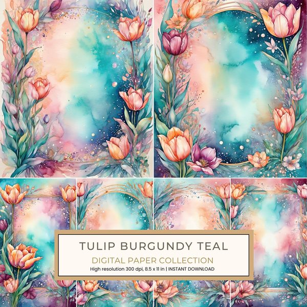Tulip Burgundy Teal Digital Paper: 14 Printable Pages - Watercolor Scrapbook Paper - Commercial Use