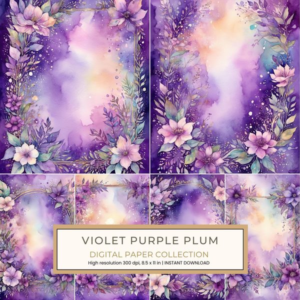 Violet Purple Plum Digital Paper: 14 Printable Pages - Watercolor Scrapbook Paper - Commercial Use