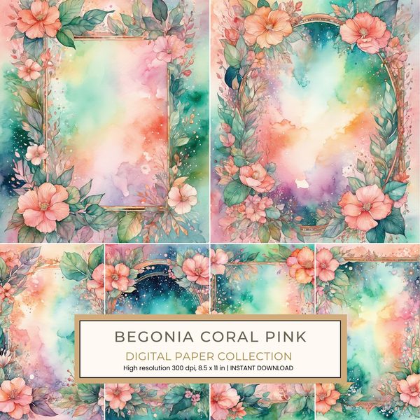 Begonia Coral Pink Digital Paper: 14 Printable Pages - Watercolor Scrapbook Paper - Commercial Use