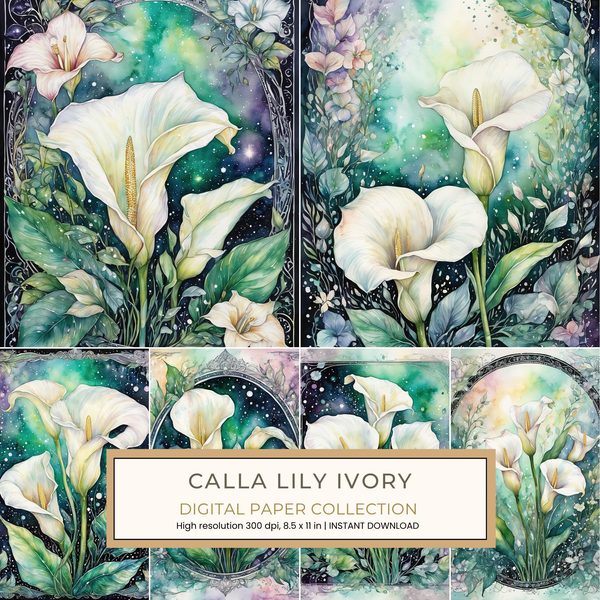 Calla Lily Ivory Digital Paper: 14 Printable Pages - Watercolor Scrapbook Paper - Commercial Use