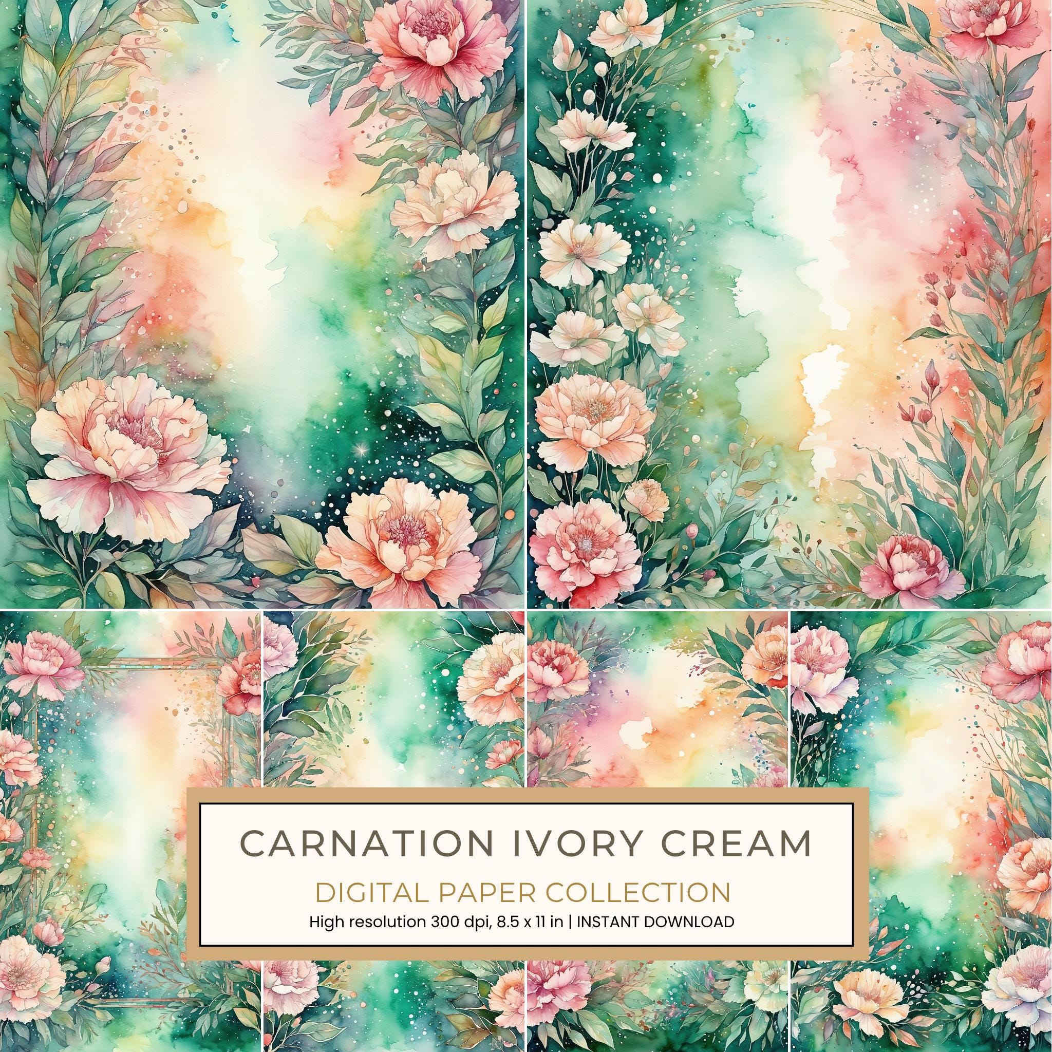 Carnation Ivory Cream Digital Paper: 14 Printable Pages - Watercolor Scrapbook Paper - Commercial Use