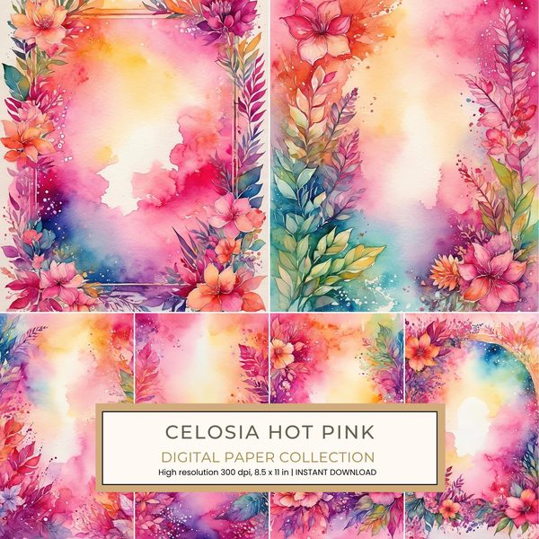 Celosia Hot Pink Digital Paper: 11 Printable Pages - Watercolor Scrapbook Paper - Commercial Use