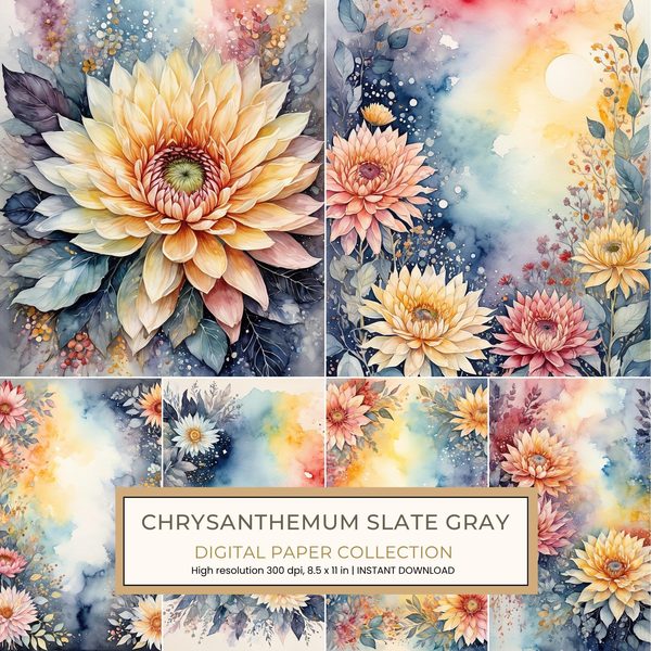 Chrysanthemum Slate Gray Digital Paper: 12 Printable Pages - Watercolor Scrapbook Paper - Commercial Use