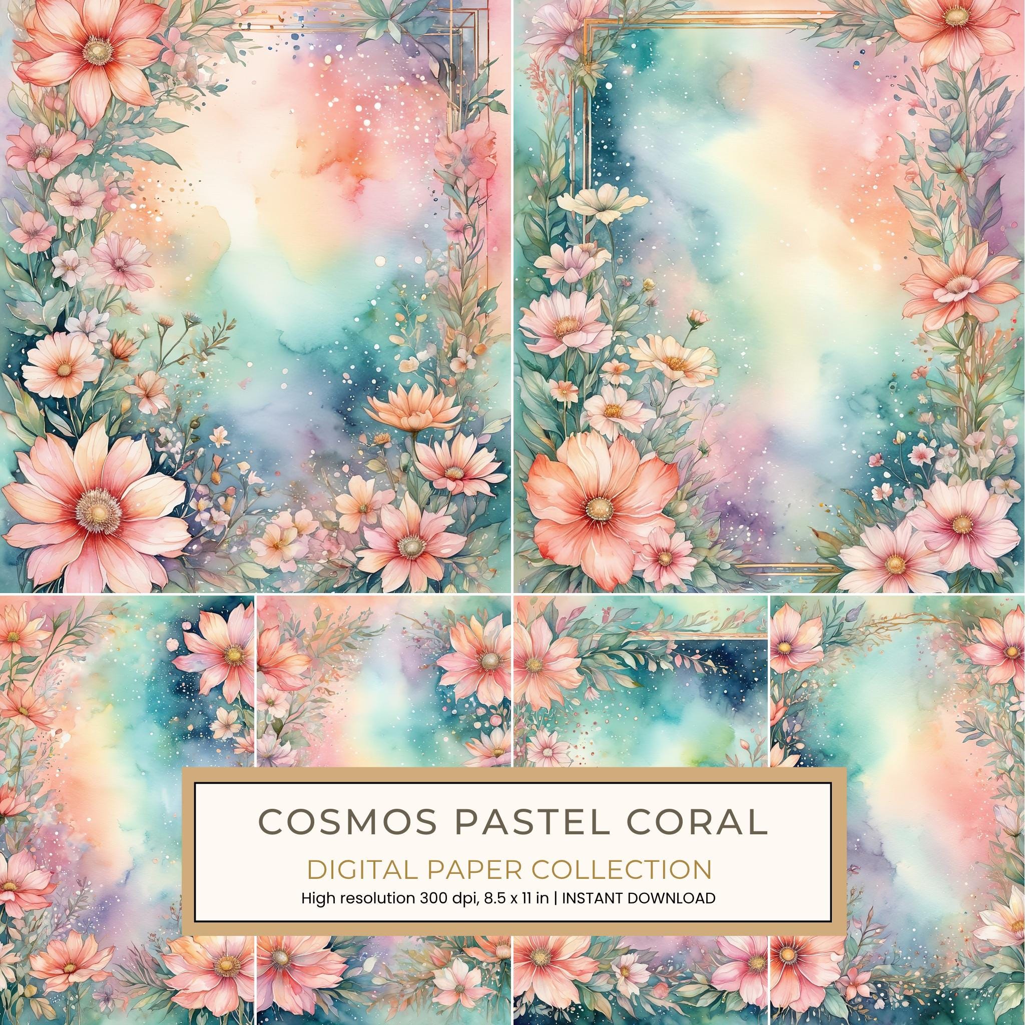 Cosmos Pastel Coral Digital Paper: 14 Printable Pages - Watercolor Scrapbook Paper - Commercial Use
