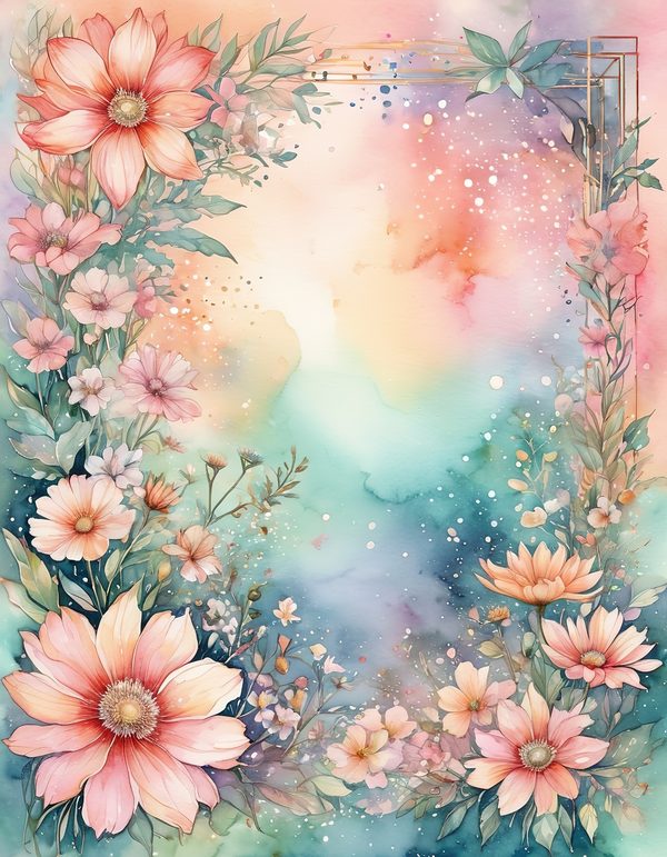 Cosmos Pastel Coral Digital Paper: 14 Printable Pages - Watercolor Scrapbook Paper - Commercial Use — image 1