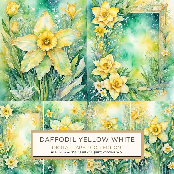 Daffodil Yellow White Digital Paper: 14 Printable Pages - Watercolor Scrapbook Paper - Commercial Use