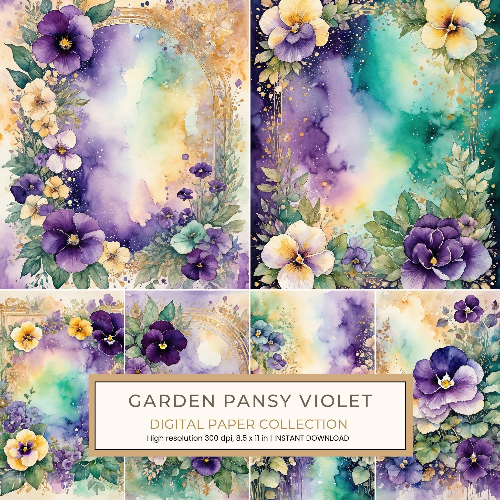 Garden Pansy Violet Digital Paper: 14 Printable Pages - Watercolor Scrapbook Paper - Commercial Use