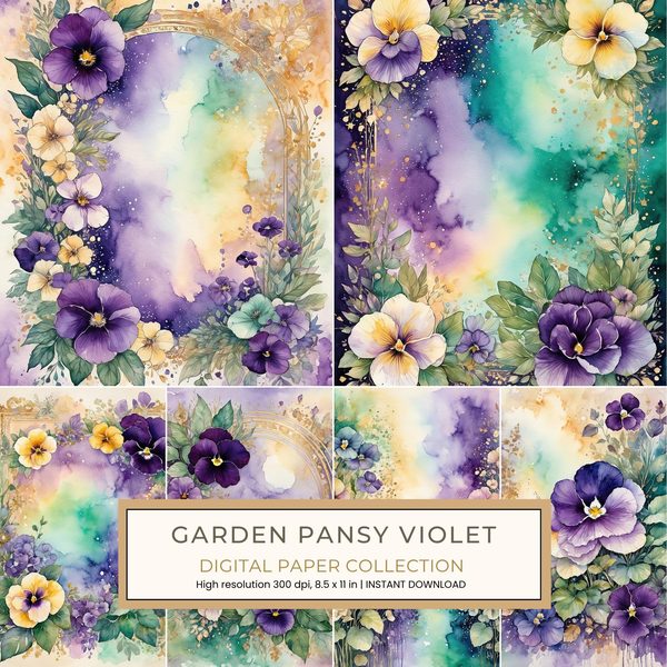 Garden Pansy Violet Digital Paper: 14 Printable Pages - Watercolor Scrapbook Paper - Commercial Use