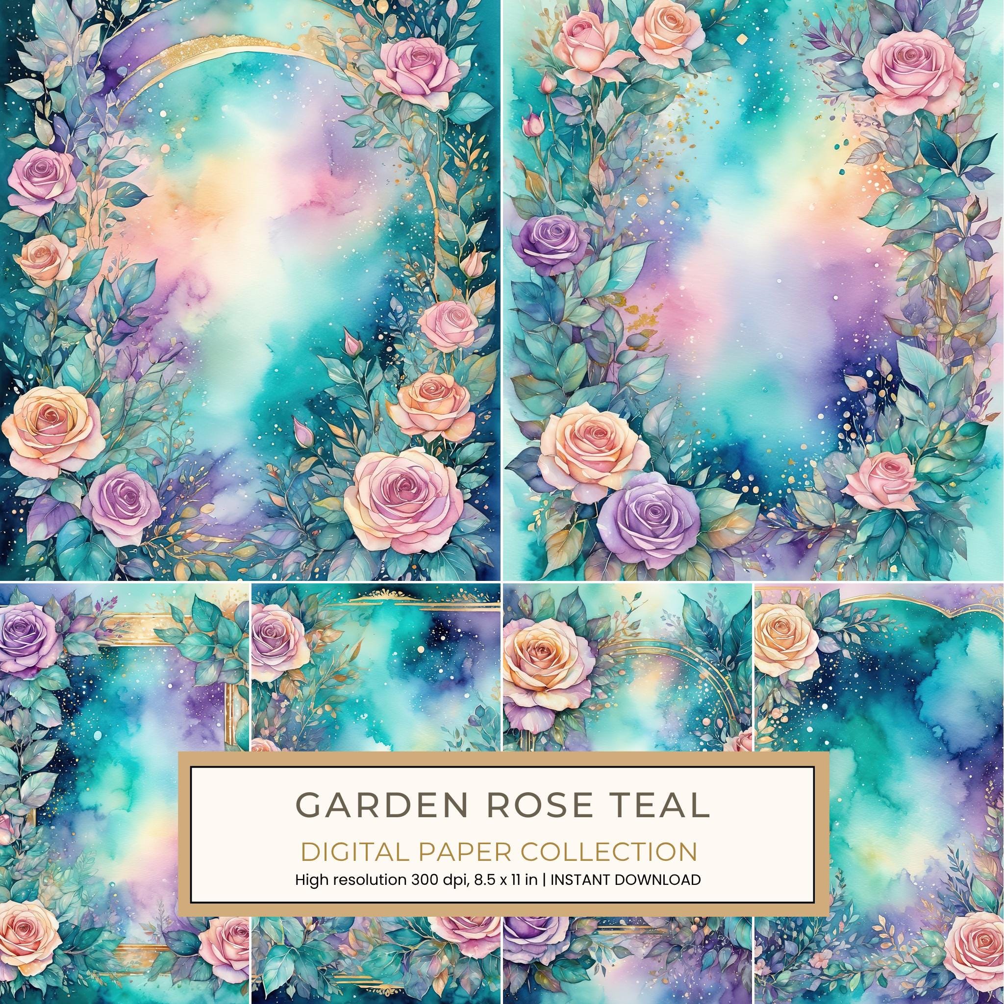 Garden Rose Teal Digital Paper: 14 Printable Pages - Watercolor Scrapbook Paper - Commercial Use