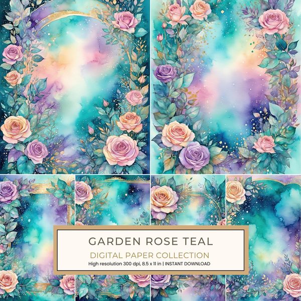 Garden Rose Teal Digital Paper: 14 Printable Pages - Watercolor Scrapbook Paper - Commercial Use