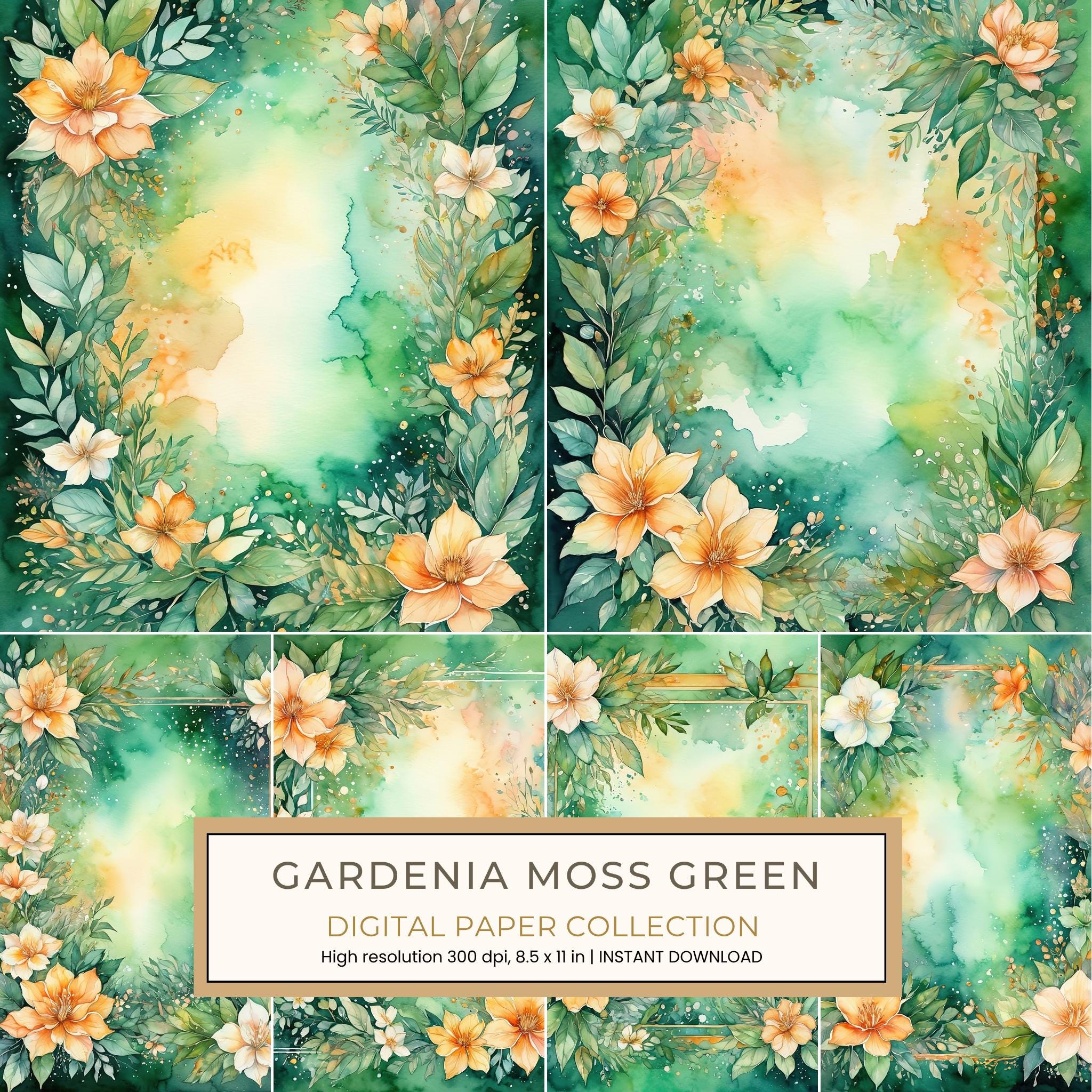 Gardenia Moss Green Digital Paper: 14 Printable Pages - Watercolor Scrapbook Paper - Commercial Use