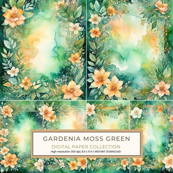 Gardenia Moss Green Digital Paper: 14 Printable Pages - Watercolor Scrapbook Paper - Commercial Use