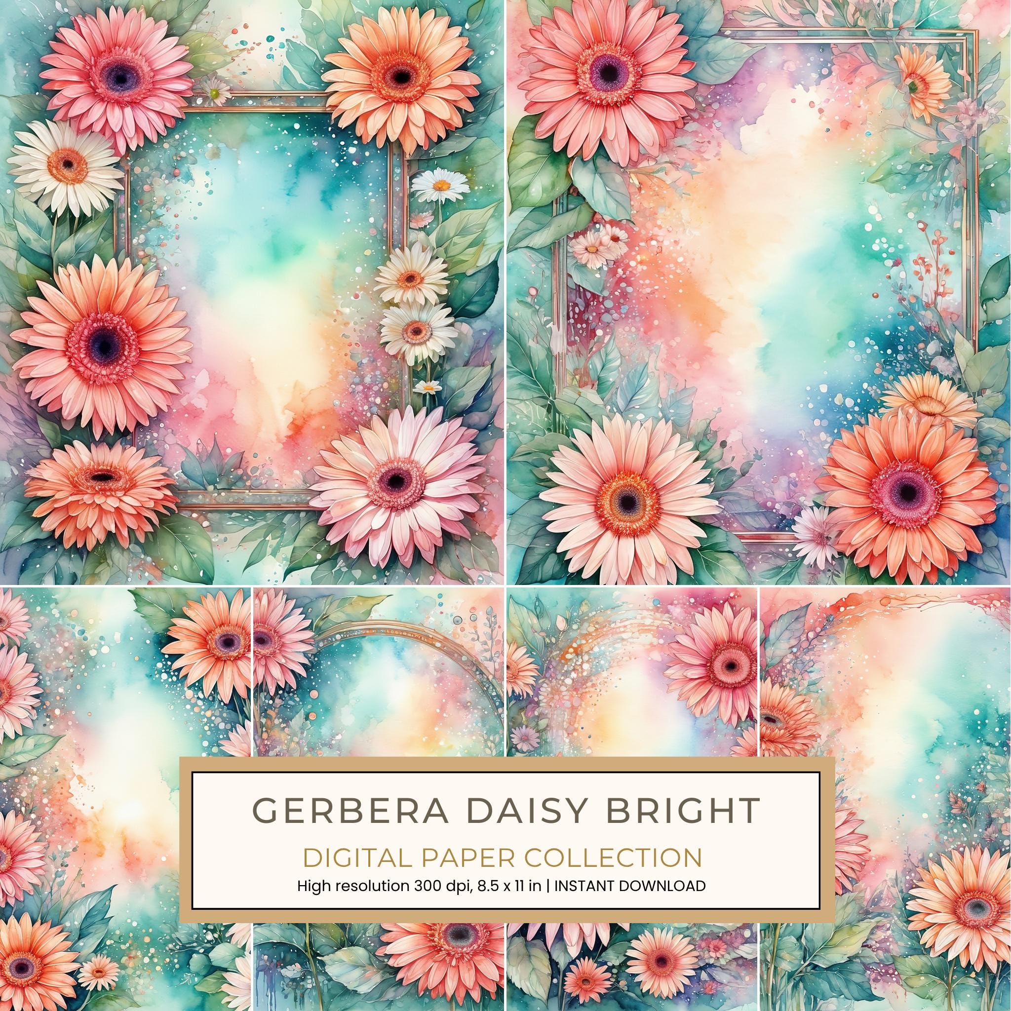 Gerbera Daisy Bright Digital Paper: 14 Printable Pages - Watercolor Scrapbook Paper - Commercial Use