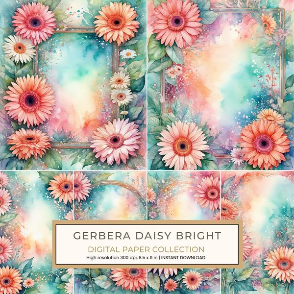 Gerbera Daisy Bright Digital Paper: 14 Printable Pages - Watercolor Scrapbook Paper - Commercial Use