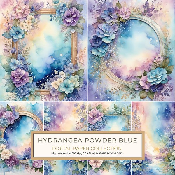 Hydrangea Powder Blue Digital Paper: 13 Printable Pages - Watercolor Scrapbook Paper - Commercial Use