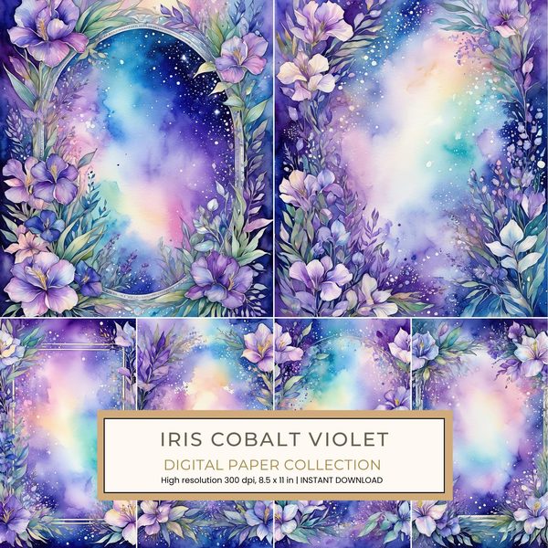 Iris Cobalt Violet Digital Paper: 14 Printable Pages - Watercolor Scrapbook Paper - Commercial Use