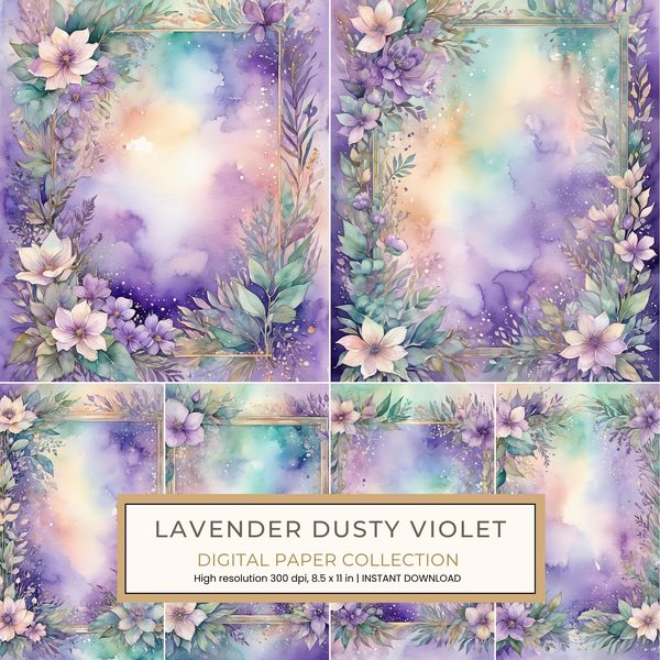 Lavender Dusty Violet Digital Paper: 14 Printable Pages - Watercolor Scrapbook Paper - Commercial Use