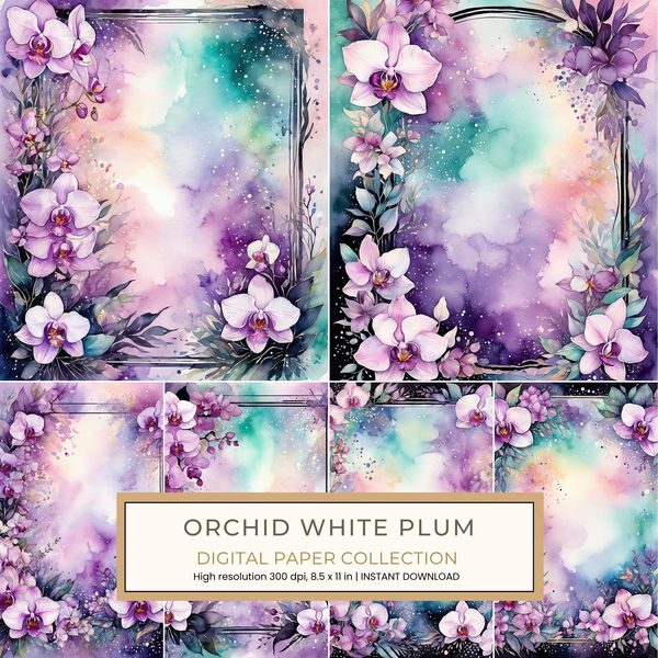 Orchid White Plum Digital Paper: 14 Printable Pages - Watercolor Scrapbook Paper - Commercial Use