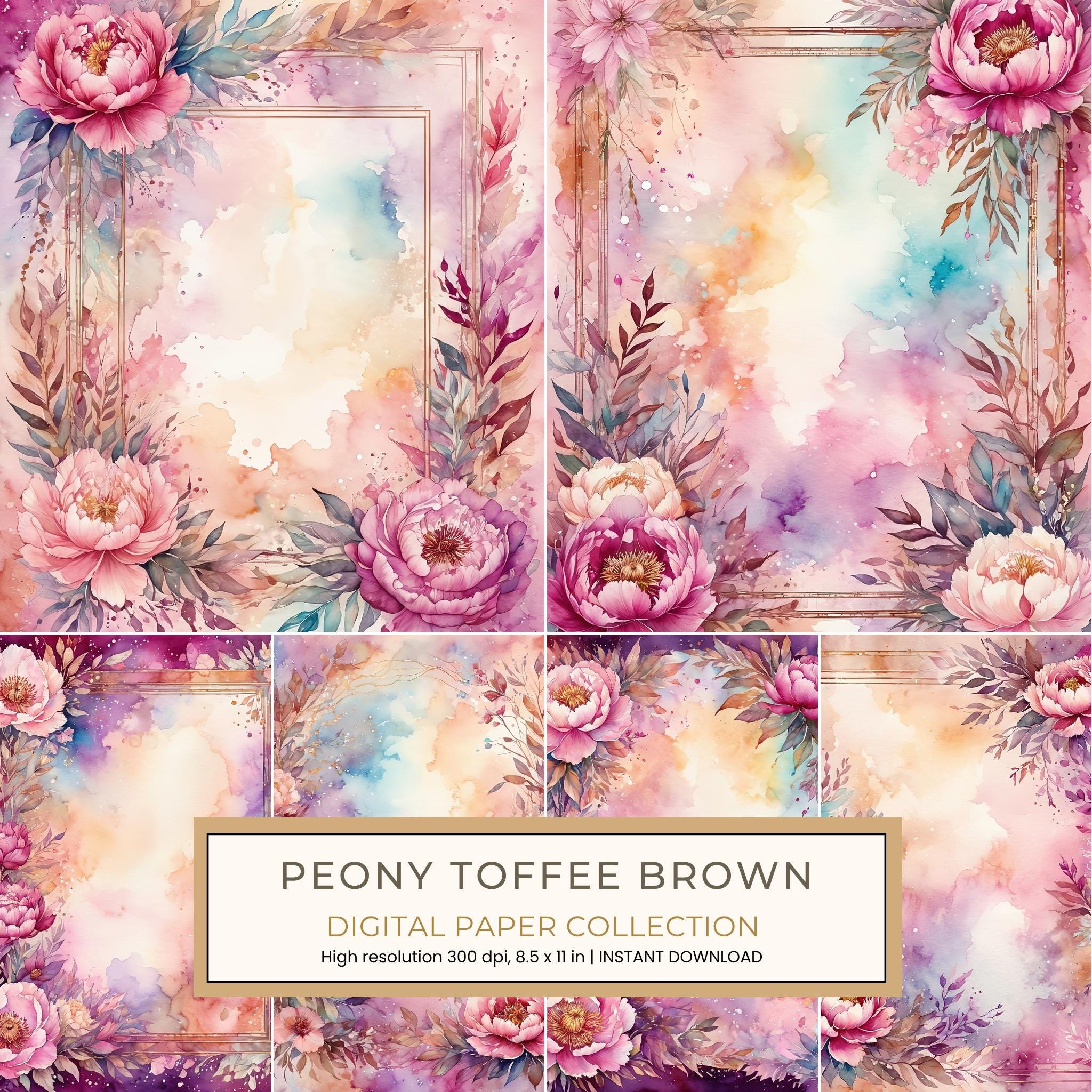 Peony Toffee Brown Digital Paper: 14 Printable Pages - Watercolor Scrapbook Paper - Commercial Use