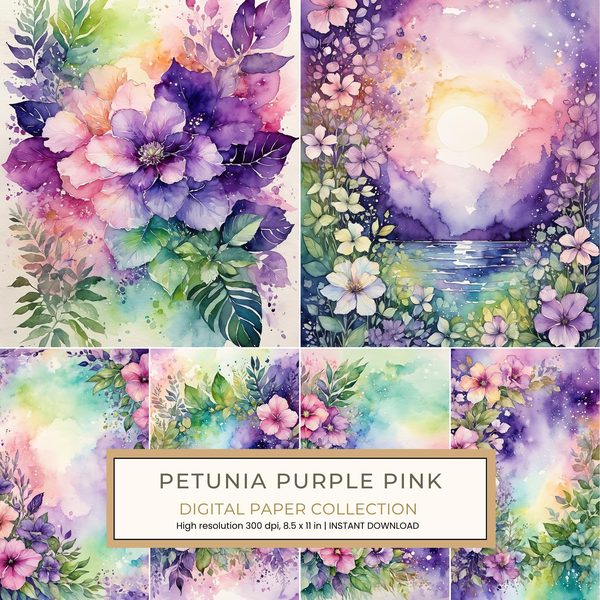Petunia Purple Pink Digital Paper: 11 Printable Pages - Watercolor Scrapbook Paper - Commercial Use