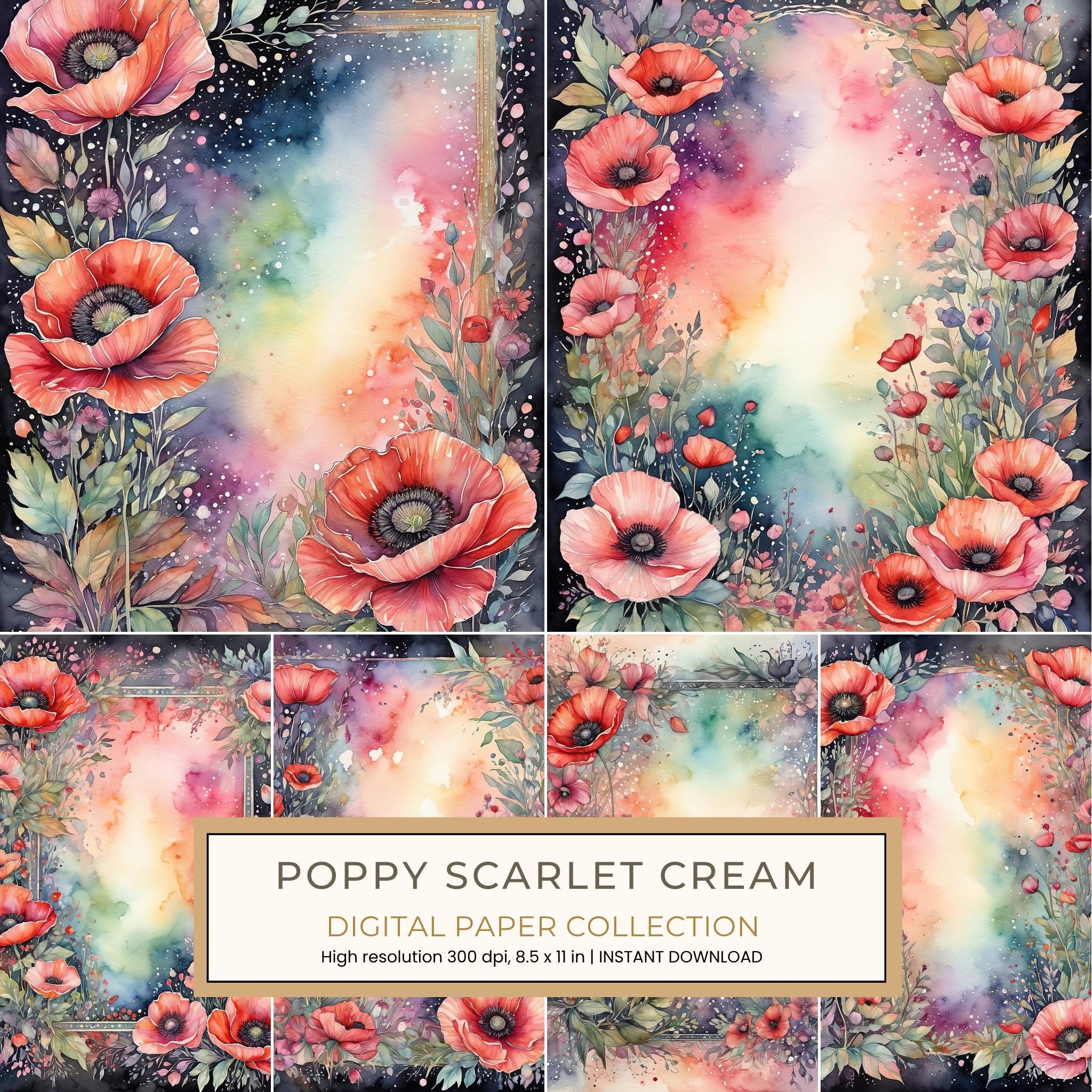 Poppy Scarlet Cream Digital Paper: 14 Printable Pages - Watercolor Scrapbook Paper - Commercial Use