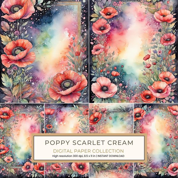 Poppy Scarlet Cream Digital Paper: 14 Printable Pages - Watercolor Scrapbook Paper - Commercial Use