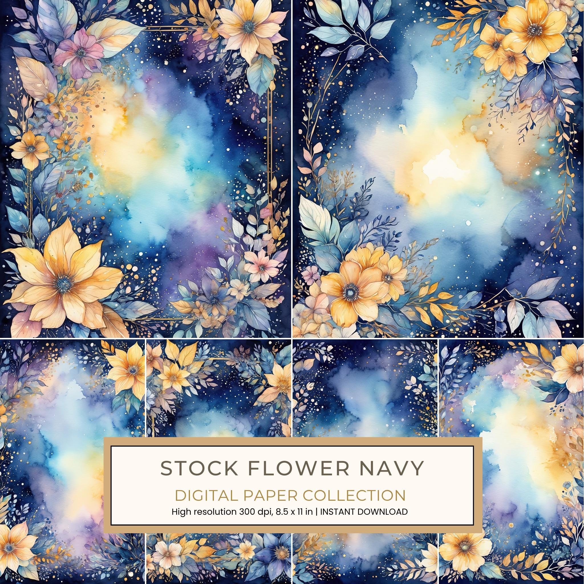 Stock Flower Navy Digital Paper: 14 Printable Pages - Watercolor Scrapbook Paper - Commercial Use