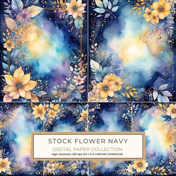 Stock Flower Navy Digital Paper: 14 Printable Pages - Watercolor Scrapbook Paper - Commercial Use