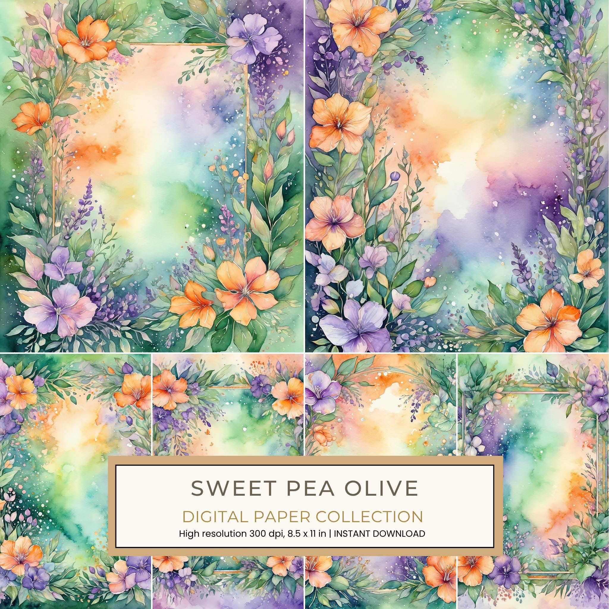 Sweet Pea Olive Digital Paper: 14 Printable Pages - Watercolor Scrapbook Paper - Commercial Use