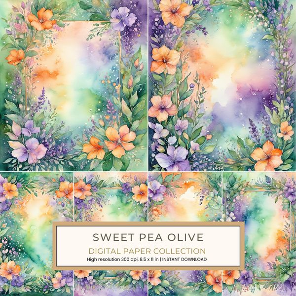 Sweet Pea Olive Digital Paper: 14 Printable Pages - Watercolor Scrapbook Paper - Commercial Use